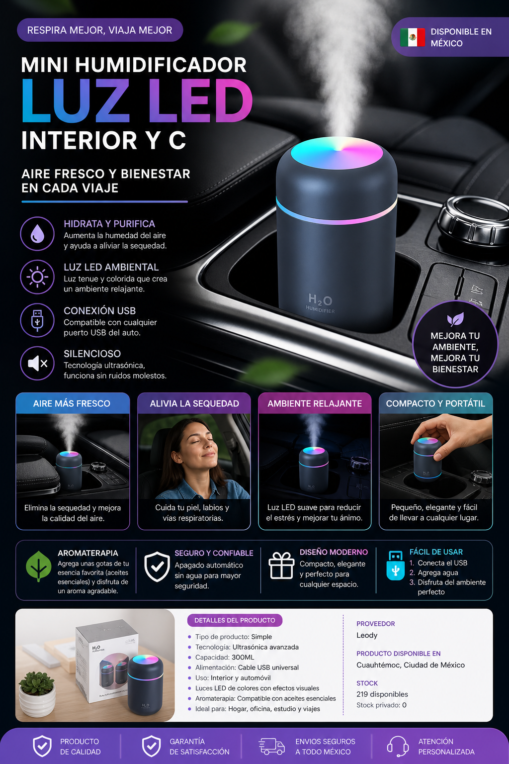 Mini Humidificador, Luz Led Interior Y C